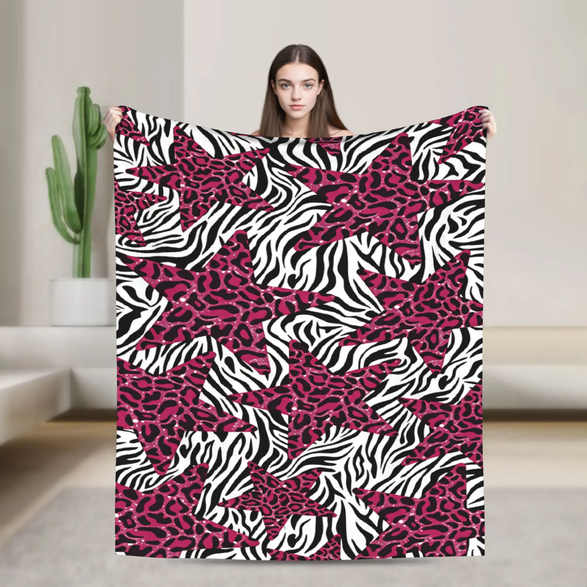 Burgundy Star Zebra Mix Blankets Travel Flannel Throw Blanket For Couch Chair Warm Soft Custom Quality Bedspread Birthday Gift