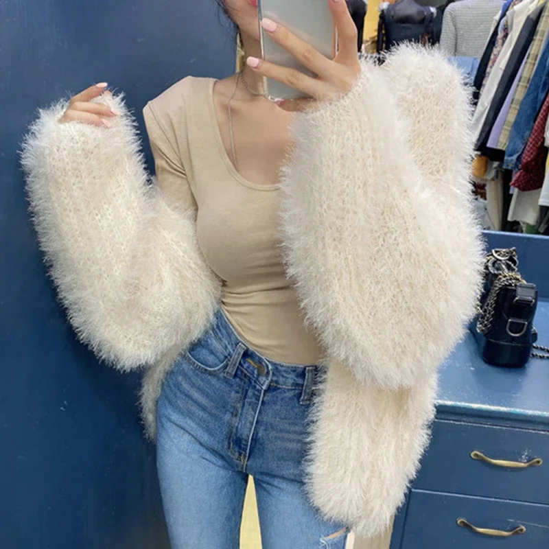 New 2024 Elegant Lady Mohair Cardigans Fashion Oversized Knitwear Women\'s Autumn Winter Sweaters Mink Cashmere Coat Solid