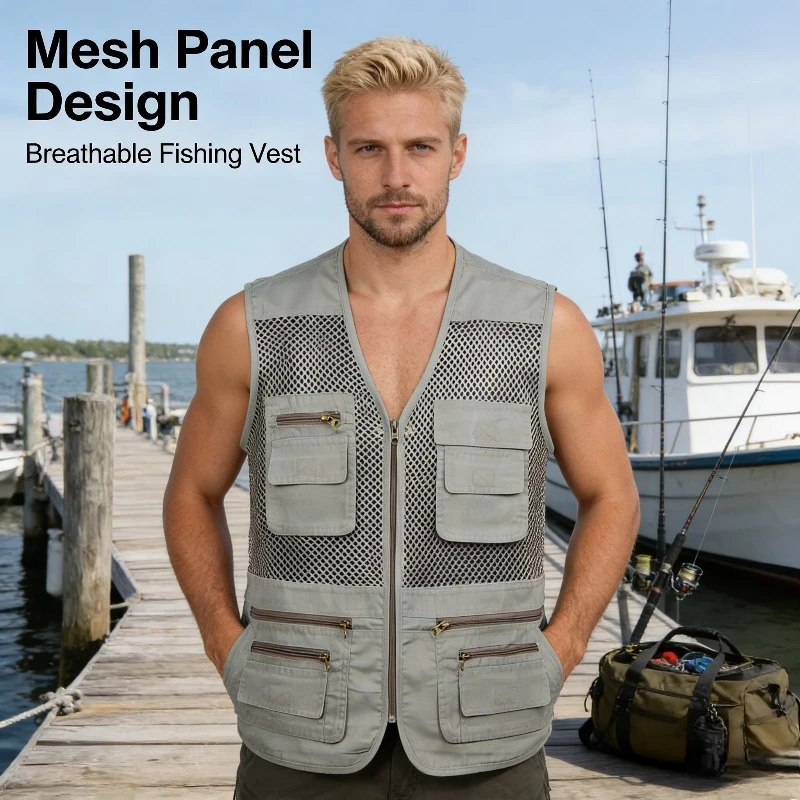 

Summer 2026 New Multi-Pocket Quick-Dry Vest for Middle-Aged and Elderly Men, V-Neck Photography Vest, Outdoor Casual Vest