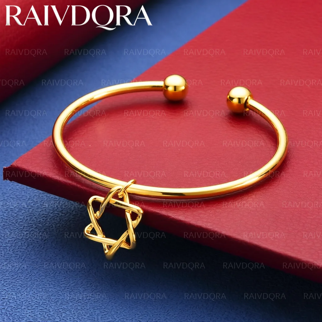 18K vergoldeter Armreif mit glänzender Oberfläche und geschwungenen Sternen, Armband für Damen und Herren, Schmuck für Mode, Party und Alltag.