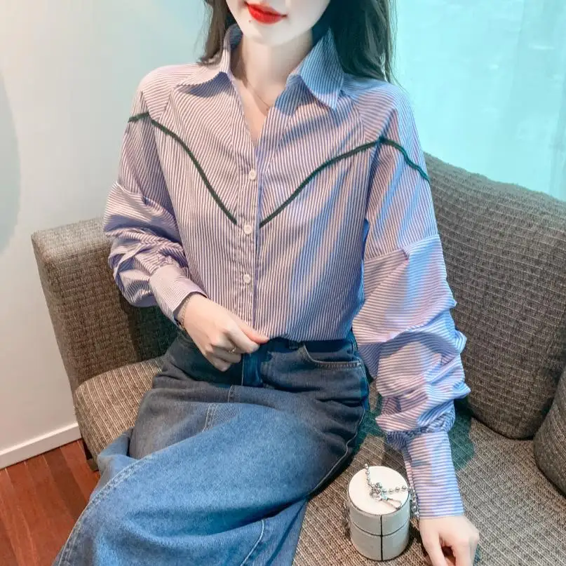 

Striped Print Chiffon Puff Sleeve Shirt Early Autumn Winter 2025 New French Button Cardigan Ladies Temperament Top