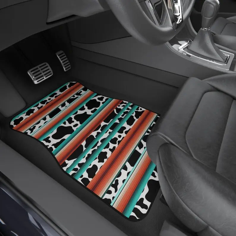 Cow Print Car Mats, Western Floor Mats, Country Car Accessories, Teal Aztec Floor Mats, Vehicle Accessories,