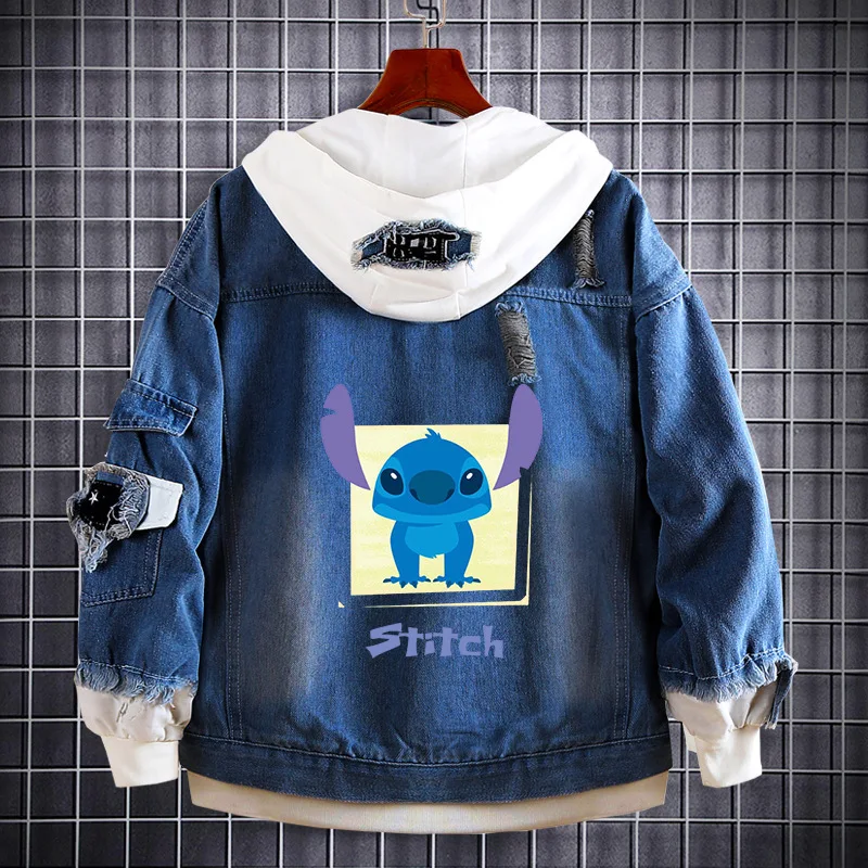 Miniso Hooded Disney Lilo Stitch Denim Coat Cartoon Print Harajuku Couple Jackets Patchwork Button Casual Oversized Coat For Men