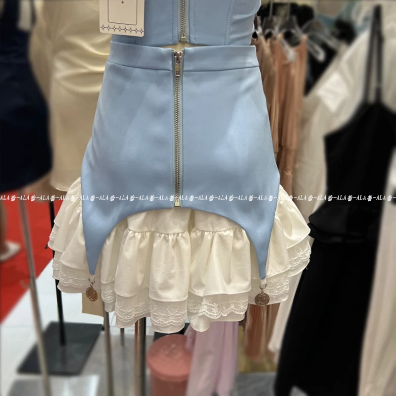 French Sweet Cute Sexy Hot Girl Sleeveless Backless Camisole Crop Tops High Waist Slim Fit Cake Skirt Two-piece Sets for Women