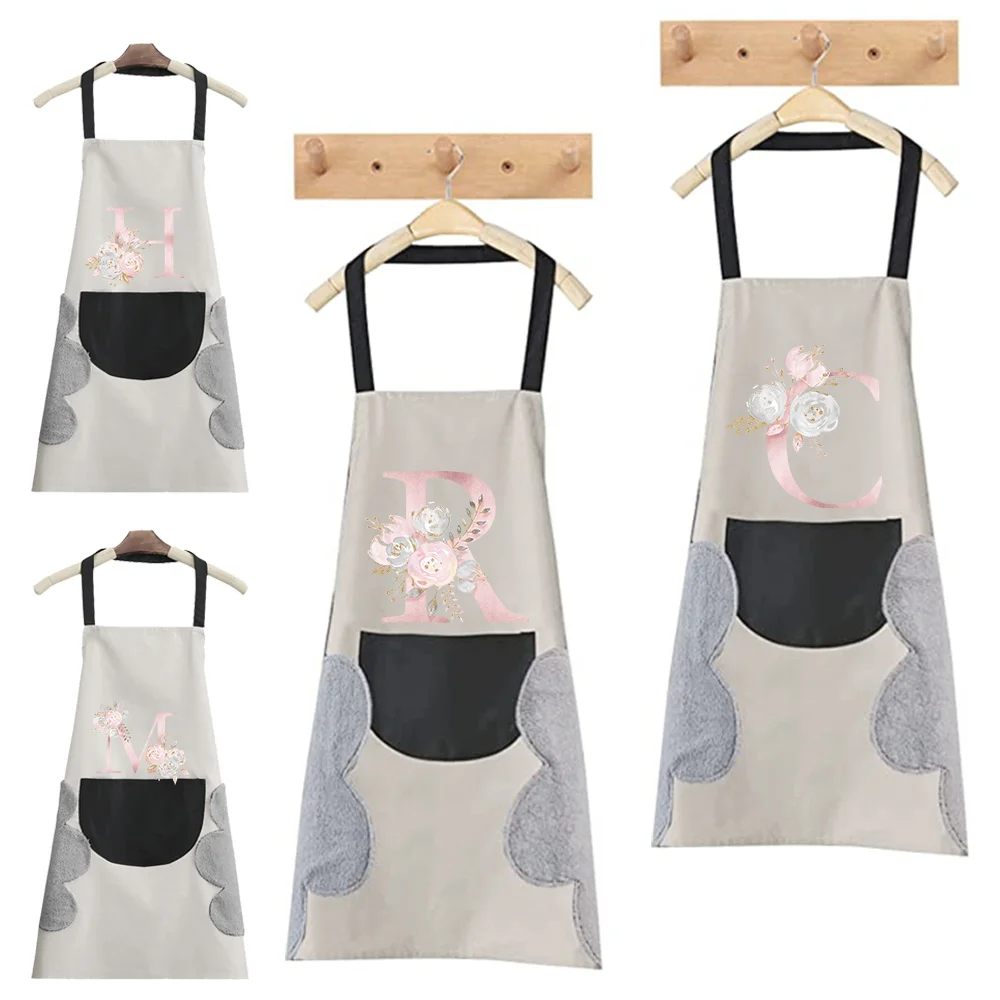 

Hand-wiping Cooking Kitchen Apron Women Waterproof Adult Waist Apron Coffee Overalls Wipe Pink Flower 26 Letter Studios Uniform