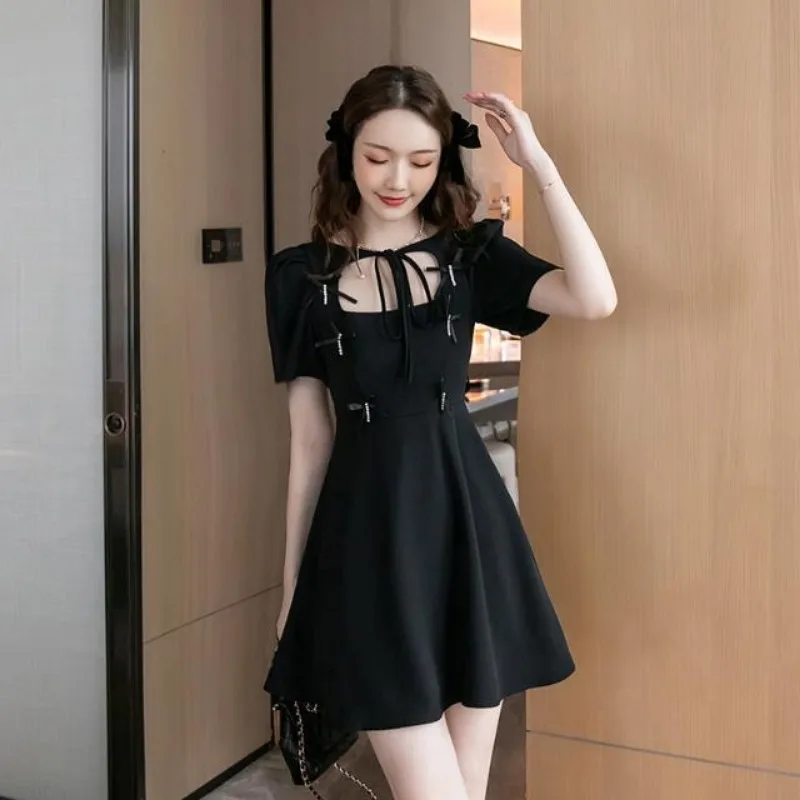 Mini Dress Women Lace Up Bow Defined Waist A-line Summer New Puff Sleeve Korean-style Design Gentle Elegant Sweet Girls Chic