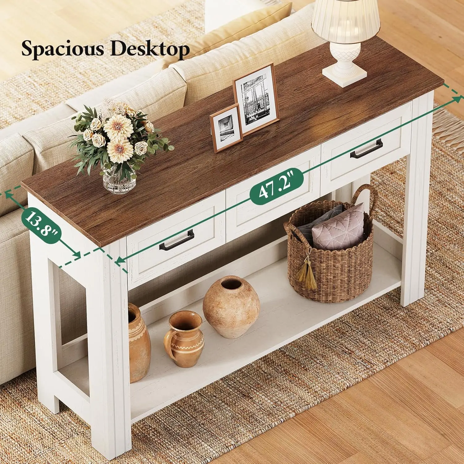 47" Farmhouse Console Table with 3 Drawers & Open Shelf, Rustic Entryway Sofa Table for Living Room & Hallway, Customized image 2