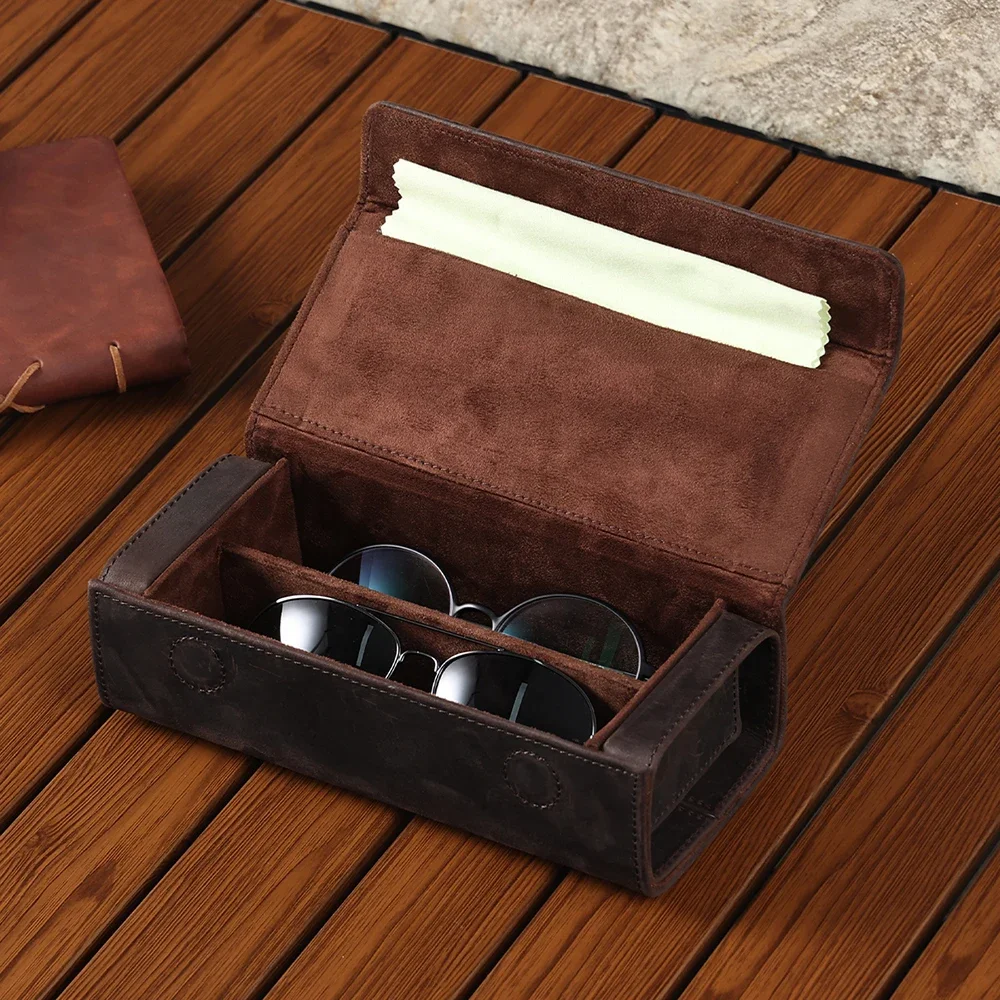 Genuine Leather Eyeglass Case for Men Women Retro Portable Sunglasses Myopia Reading Glasses Protector Storage Box Holder