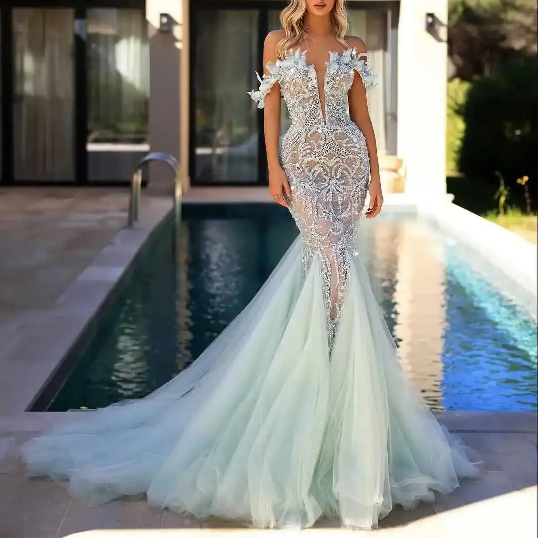 

Exquisite Evening Dresses Mermaid Appliques Lace Beads Off Shoulder Tulle Court Gown Prom Dress Vestido De Noite Customized