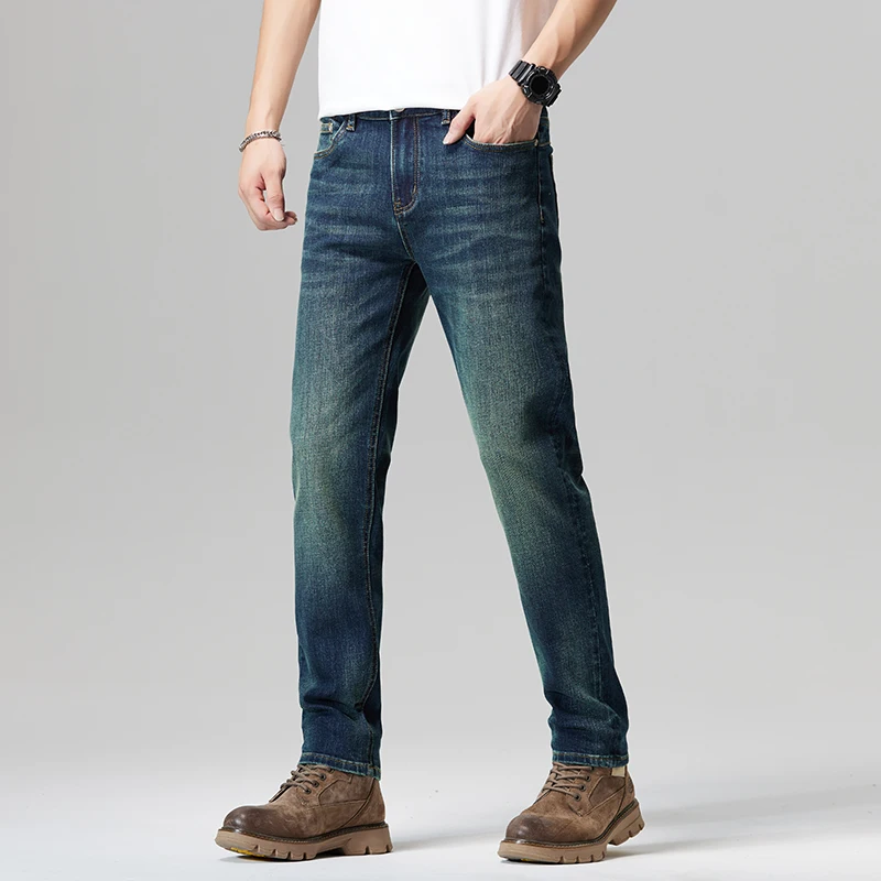 New high-quality washed elastic casual straight leg black blue business retro men's jeans nostalgic pants streetwear men