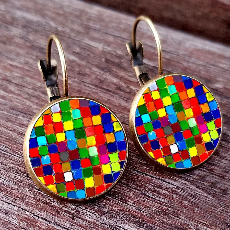 New color square earrings personalized square pattern Glass Cabochon Womens Earrings girl\'s favorite color matching earring