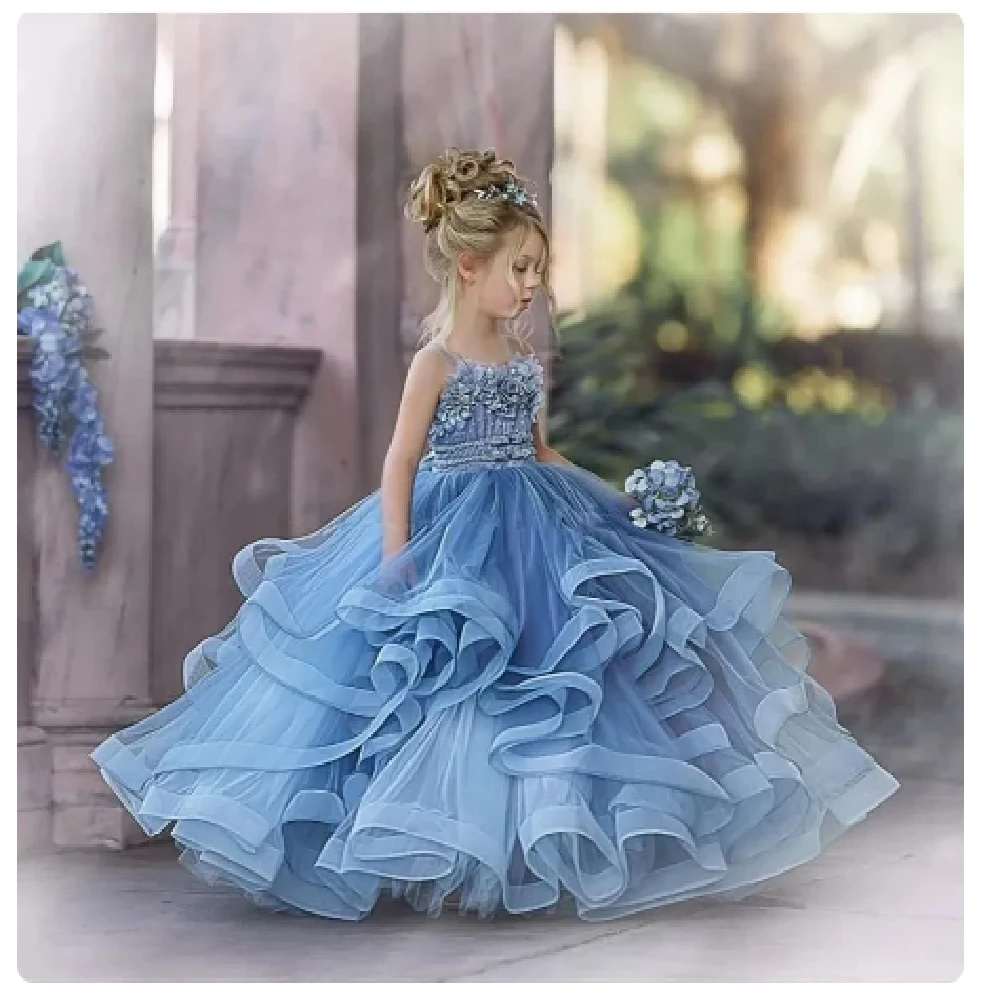 Lovely Blue Angel Tulle Lace Printing Layered Flower Girl Dresses Ball Beauty Pageant Princess First Communion Birthday Gift