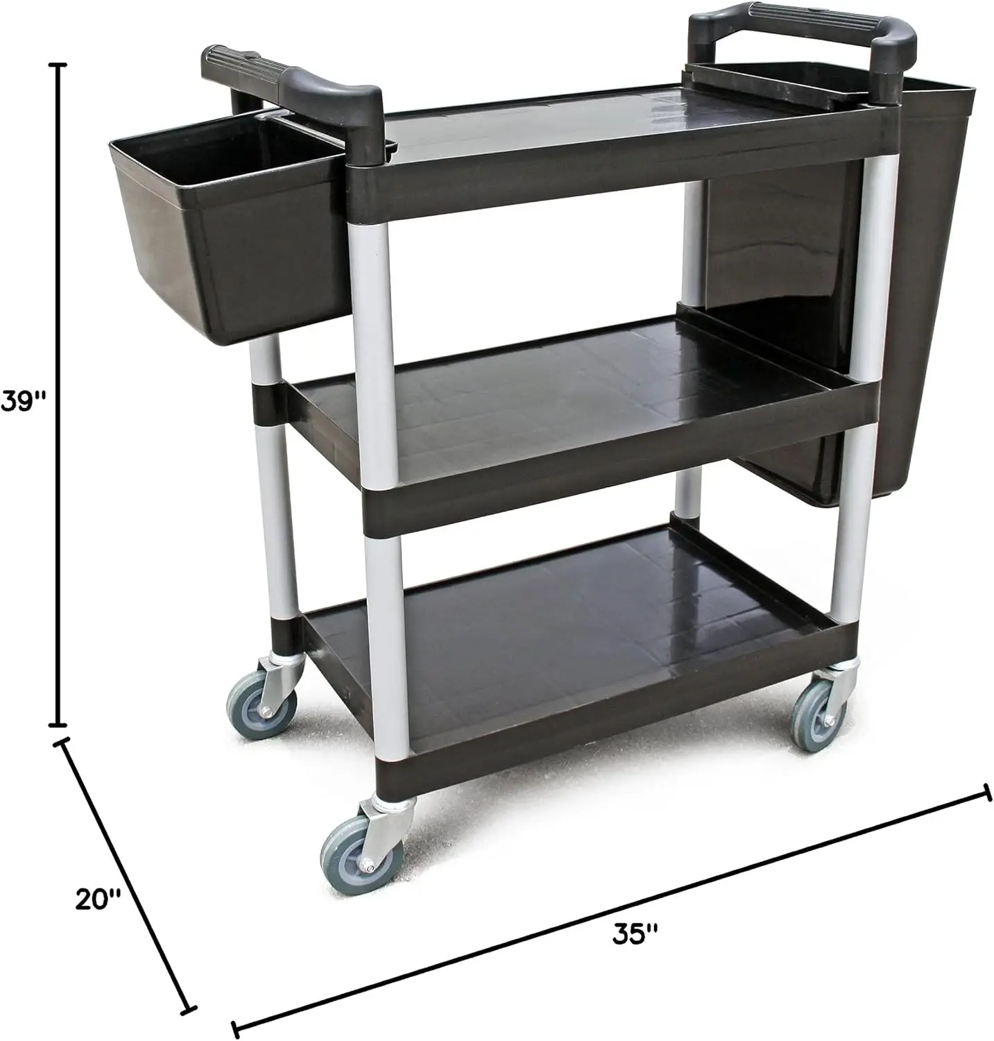 Pound Plastic 3-Tier Utility Bus Cart with Locking Casters, 32" x 16" x 38", Black