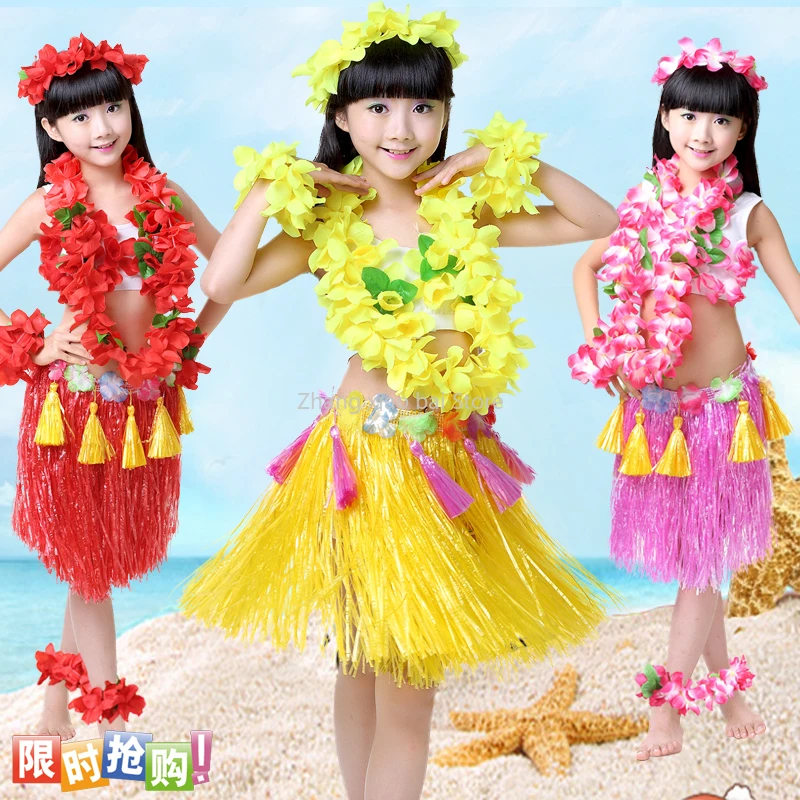 Hawaiian Hula Skirt Set Kids Colorful Grass Skirts and Wrist Straps For Dance Performances Decor And Summer Beach Party Supplies