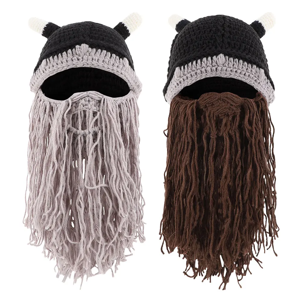 

2Pcs Viking with Horns Short Beard Long Viking Knitting Cap Beard Cosplay Gathering Men Women Yarn Beanie Cap Stage Outdoor
