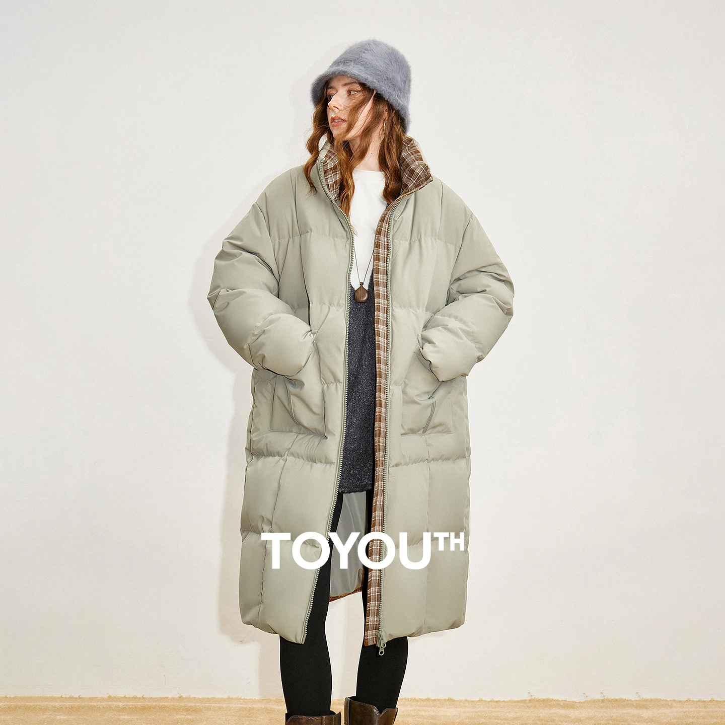 

TOYOUTH Women Down Jackets 2025 Winter New High Fill-power Loose Long Plaid Thick Outerwear