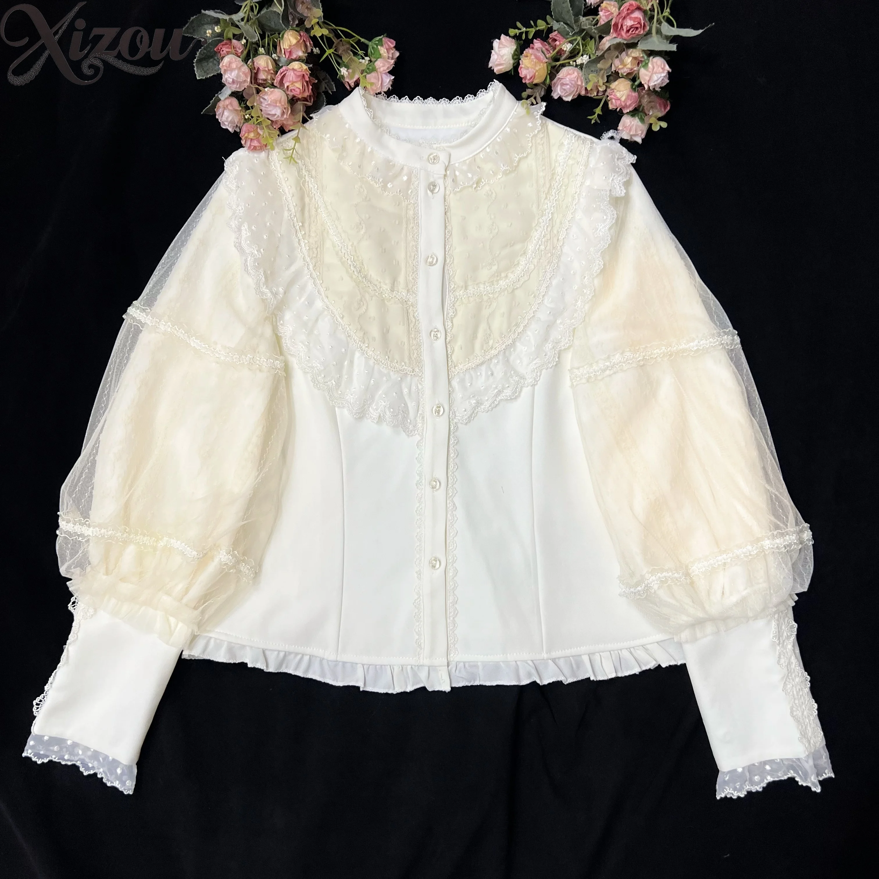 Automne et hiver nouvelles chemises Lolita intérieur velours chaud femmes à manches longues haut col montant chemise à bascule Camisas De Mujer