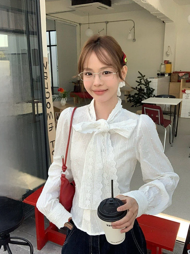 

Song Zhengen Women's Slim Fit irt with Knot Tie Dye Floral Embroidery Long Sve French Sle Top for Teens