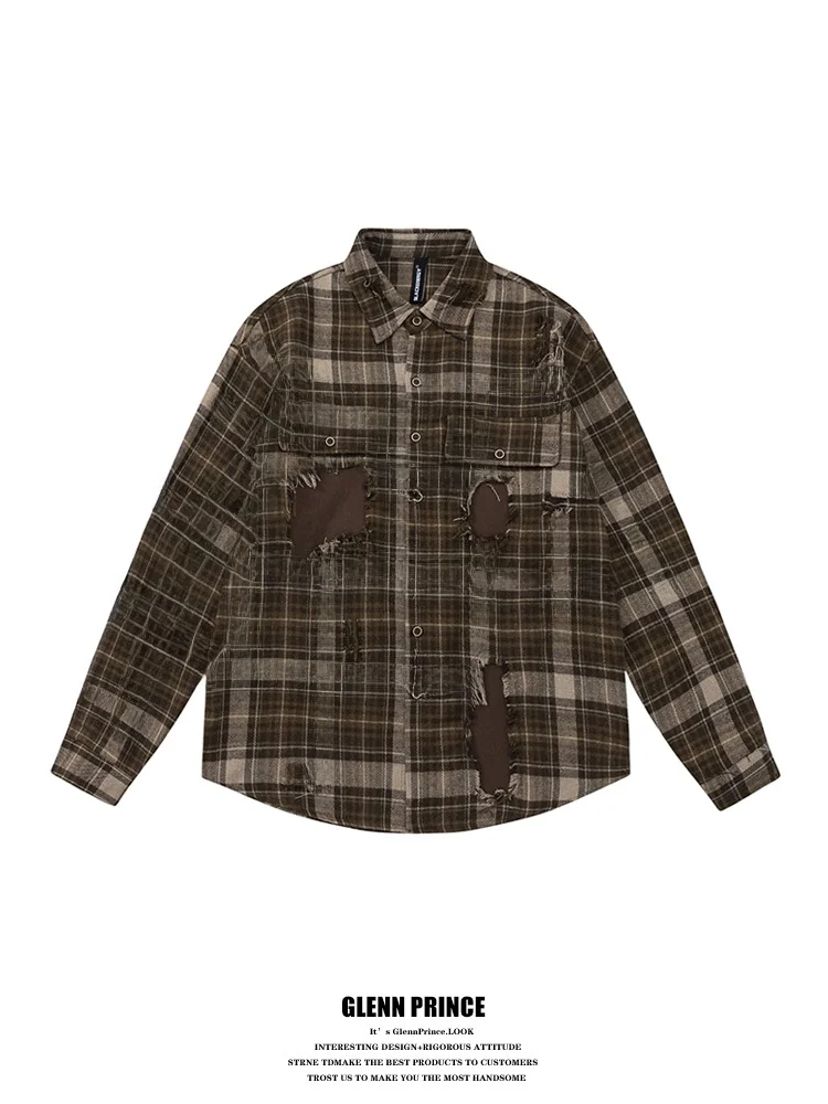 

GPstudio Street Wasteland: Мужская рубашка с длинным рукавом, с дырками и клетчатыми вставками, унисекс, осенняя модная брендовая верхняя одежда свободного кроя