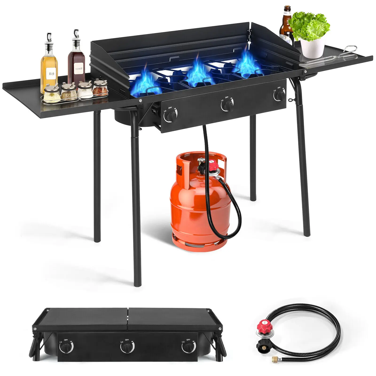 Olla de gas de 3 quemadores de propano 225.000 BTU, estufa de camping al aire libre, parrilla para barbacoa con estante