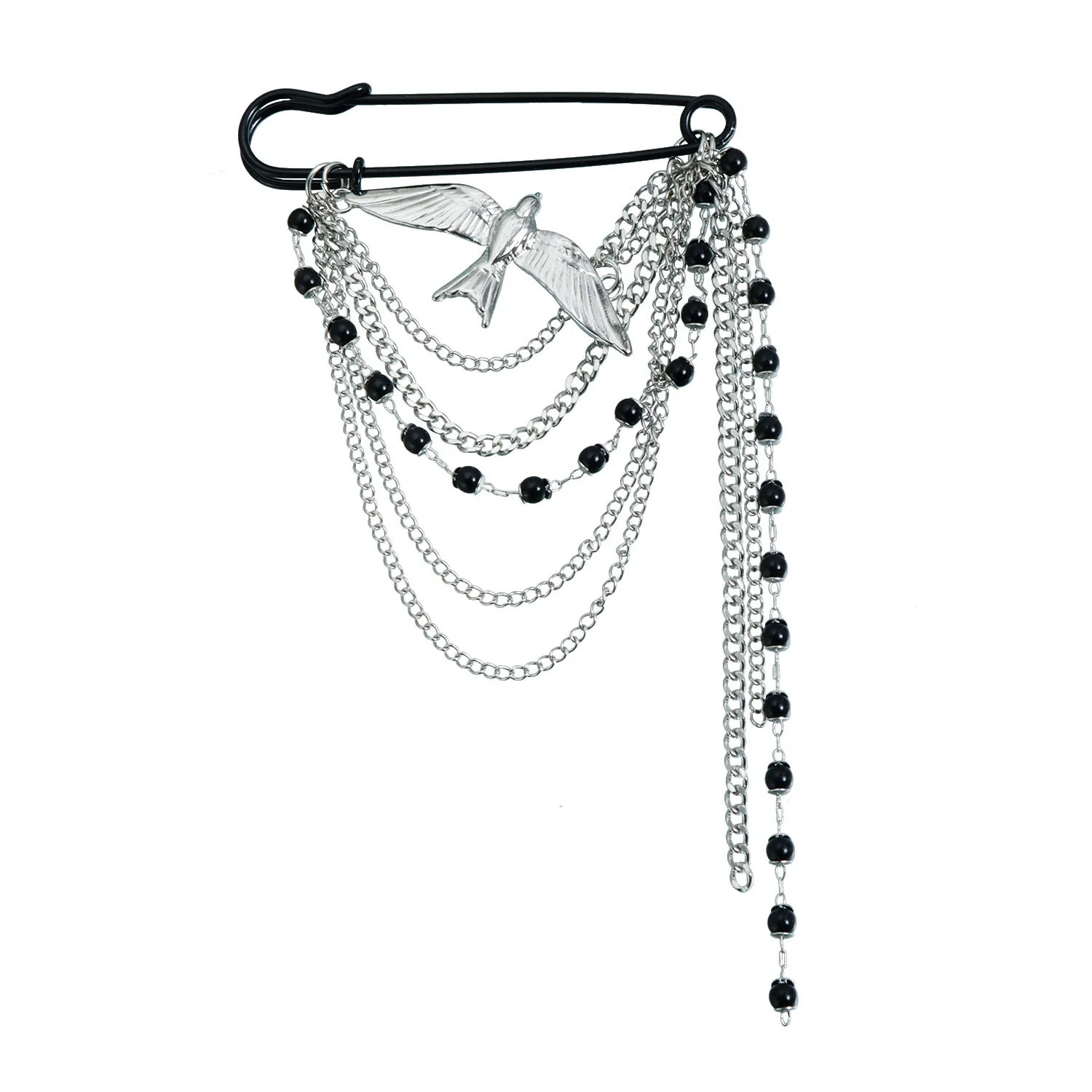 Fashion Swallow Multi-layer Chain Brooch Black Bead Tassel Pin Daily Commuting Accessory