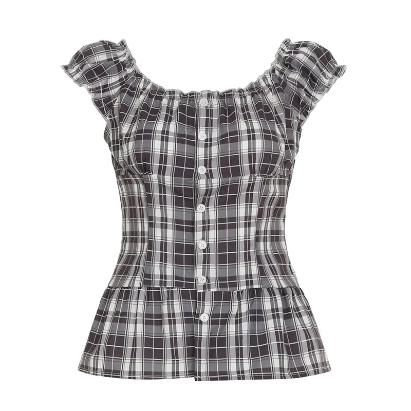 بلوزة Rockmoer Tartan منقوشة حلوة ضيقة للنساء 2000s قميص صيفي ريترو Preppy لطيف Y2k Fairycore بأزرار وياقة مربعة