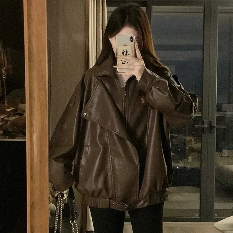 Spring Autumn Retro Lapel PU Leather Women's Jacket  Turn Down Collar Fashion Loose Solid Color Leisure New Women Top Coats