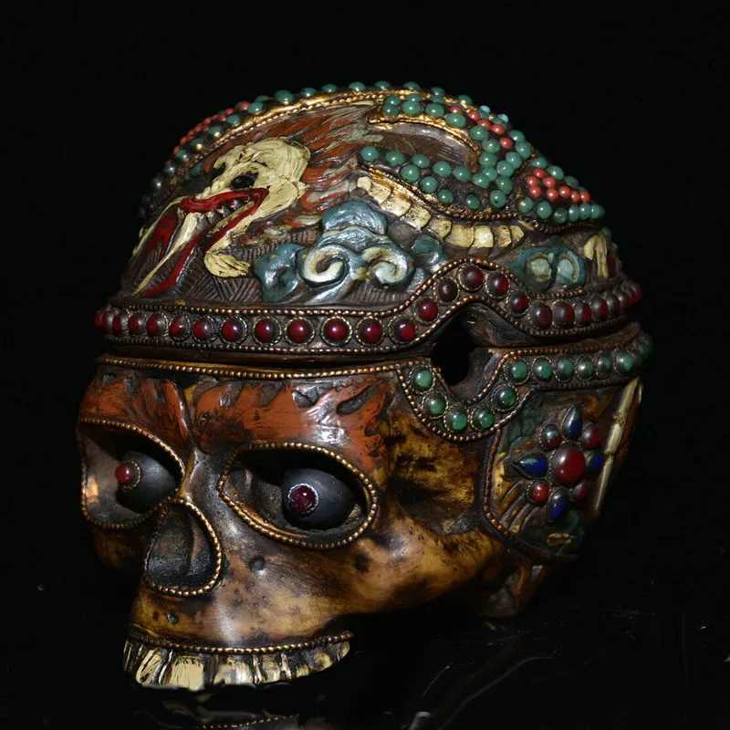 Old Tibetan Bone Inlay Silver Gems  Skull Head Lid Statue