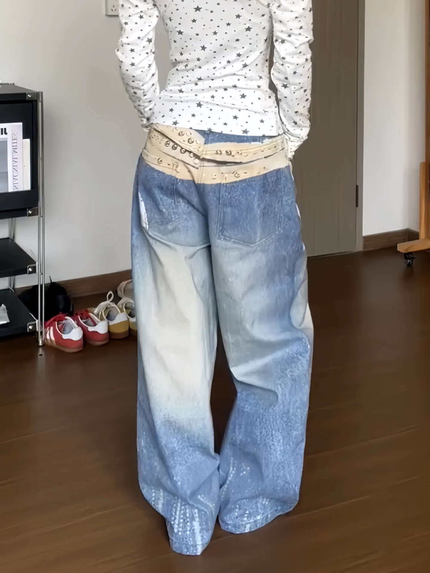 Jean à ceinture imprimé 3D Vintage en détresse pour femmes, pantalon en Denim à jambes larges imprimé tridimensionnel de Style de rue d'automne 2025