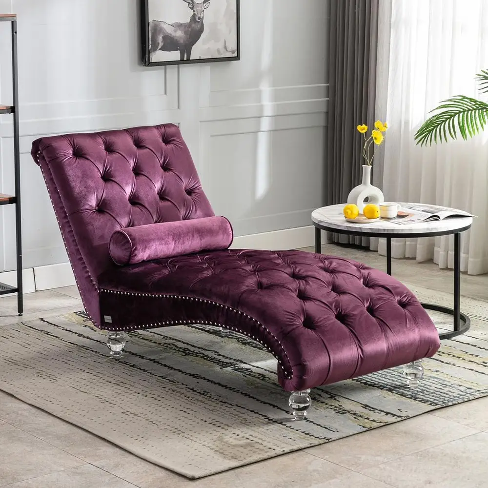 

Velvet Chaise Lounge Chair with Acrylic Legs, Lumbar Pillow, Ideal for Living Room or Bedroom