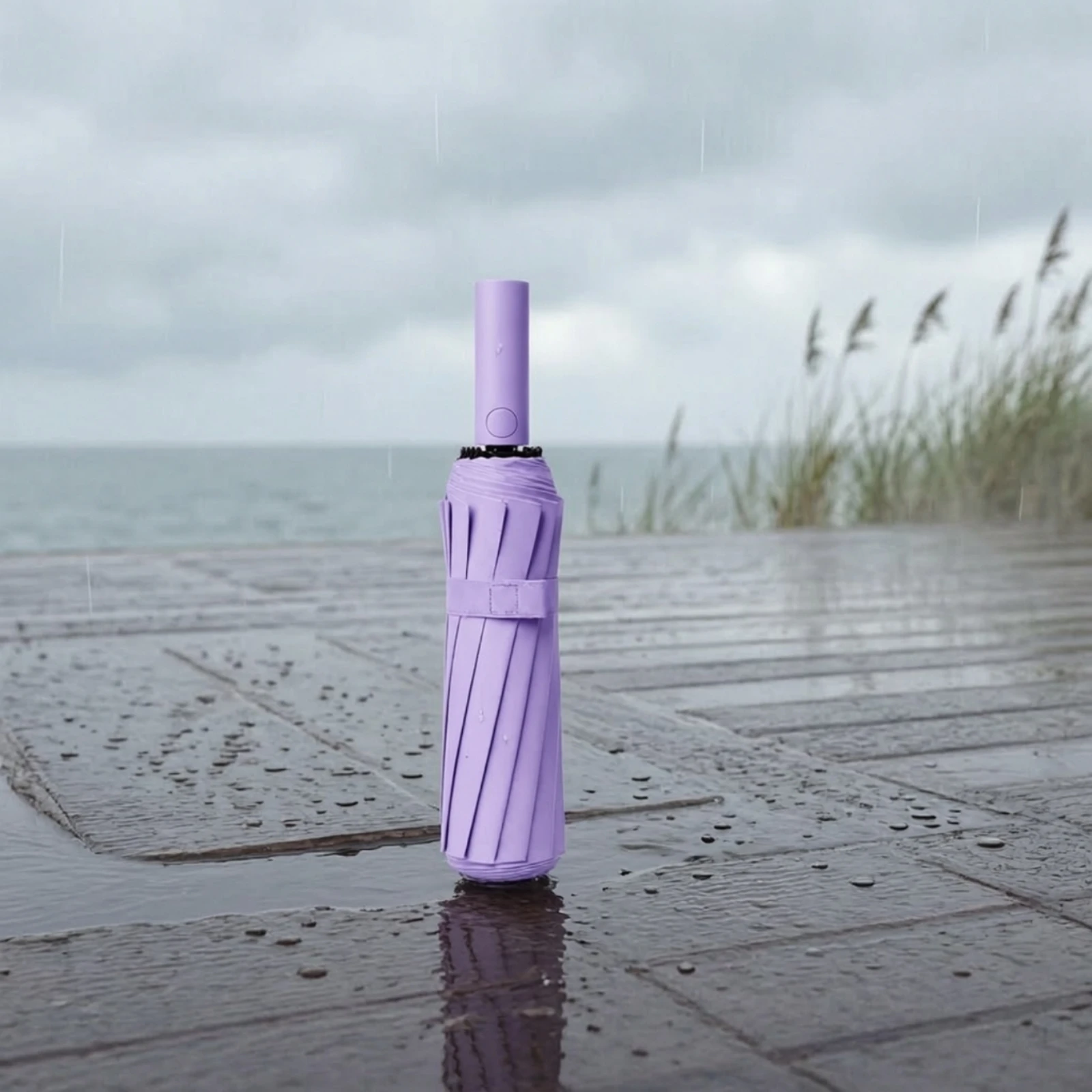 Full-Automatic Umbrella with Button Handle Waterproof Double-Layer Rib Umbrella with Leather Sleeve Long-Lasting Protection