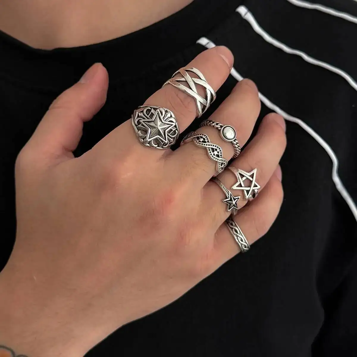 KunJoe 7 Pcs/Set Hip Hop Irregular Star Open Rings for Men New Punk Geometric Pentagram Adjustable Ring Male Jewelry Accessories