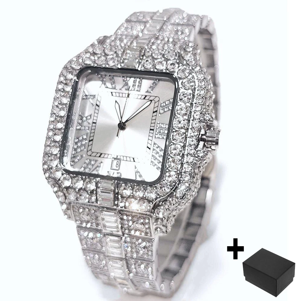 

Hot Luxury Ice Watches Men Fashion With Calendar Clock Male Hip Hop Diamond Square Quartz Wristwatch Man Gift Droshipping