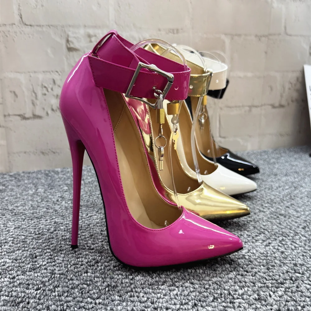 Tacchi alti 16/14 cm, Décolleté da donna, Scarpe cosplay da comodino da uomo, Pole Dancing, Punta a punta, Fibbia quadrata alla caviglia, Oro, Argento, Colori personalizzati