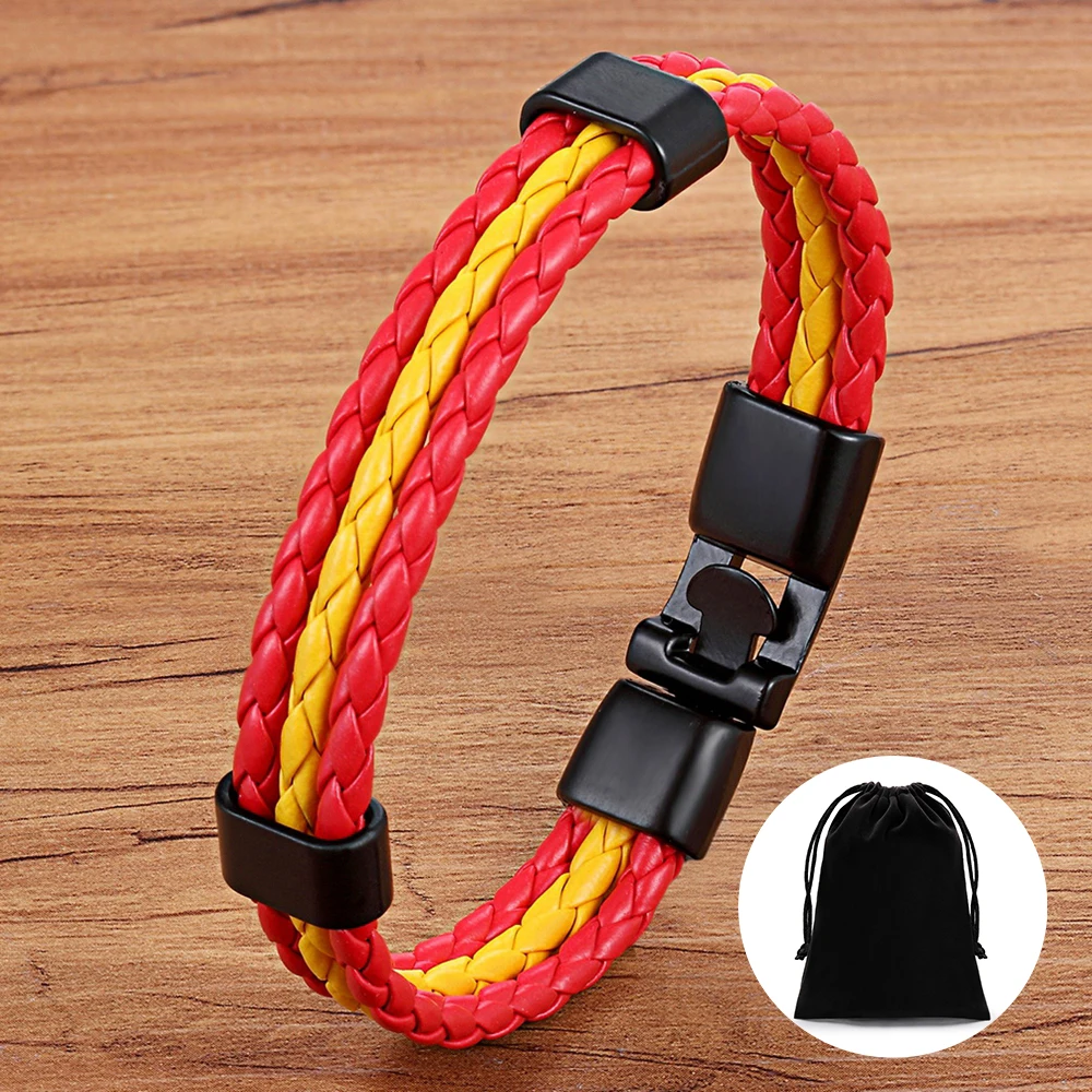 TYO Religious Stainless Steel Men Women Spain National Flag PU Leather Bracelet Handmade Jewelry with Velvet Bag Ship From Spain