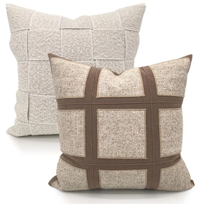Modern Luxury Grid Patchwork Pillow Cover Designer Brown Beige Textured Cushion Case Square Throw Pillow Cover For Sofa Couch