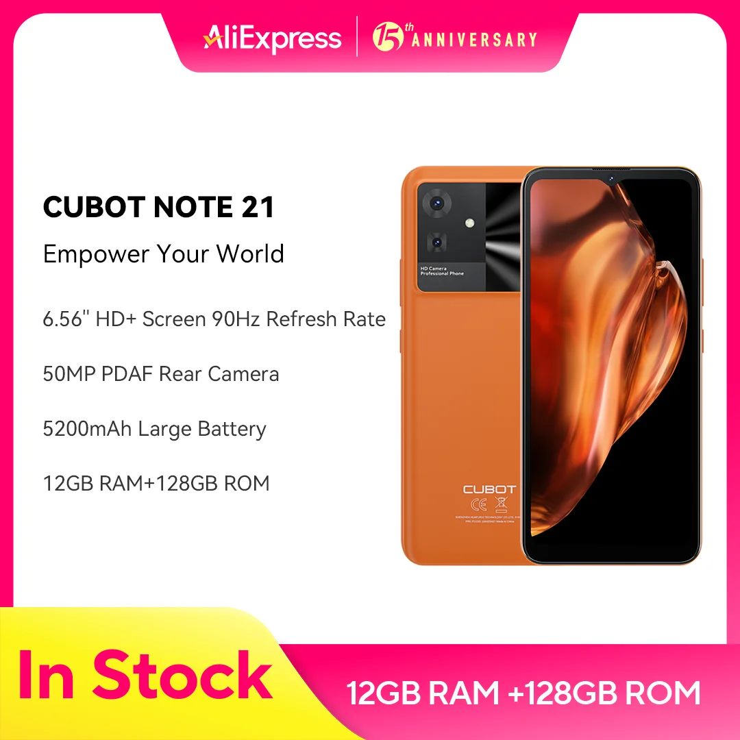 Cubot Note 21، هاتف ذكي Android 13، ذاكرة وصول عشوائي 12 جيجابايت (6 جيجابايت + 6 جيجابايت ممتدة)، ذاكرة وصول عشوائي 128 جيجابايت، شاشة 6.56 بوصة 90 هرتز، كاميرا 50 ميجابكسل، بطارية 5200 مللي أمبير، معرف الوجه، ثماني ا