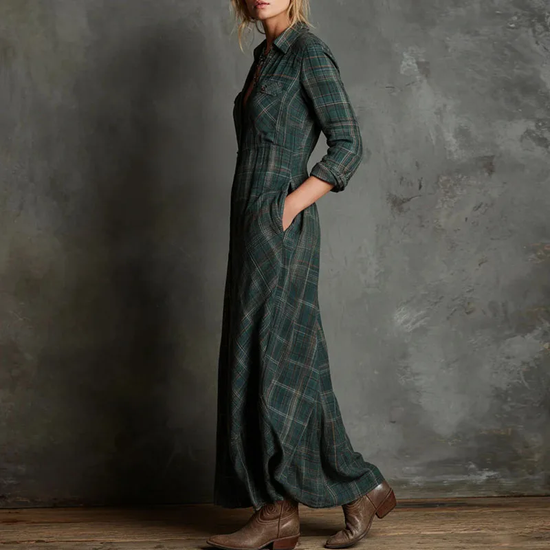 Autumn Fashion Plaid Print Retro Party Dresses Woman Sexy Single Breasted Lapel Shirt Dress Casual Long Sleeve Pocket Boho Dress