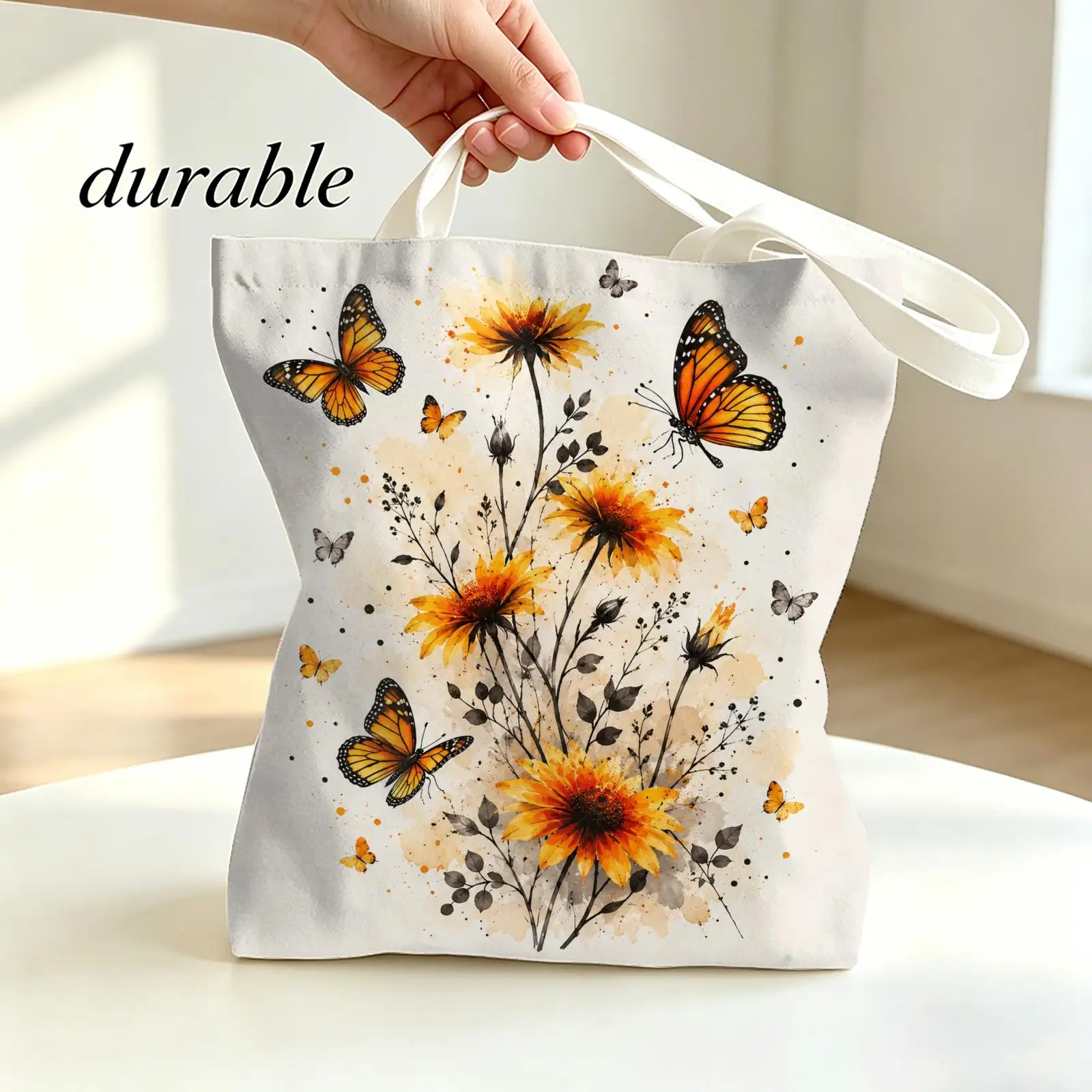 Orange Floral Butterflies Storage Bags Canvas Tote Bag Large Capacity Shoulder Bag Eco-Friendly Reusable Casual Handbag
