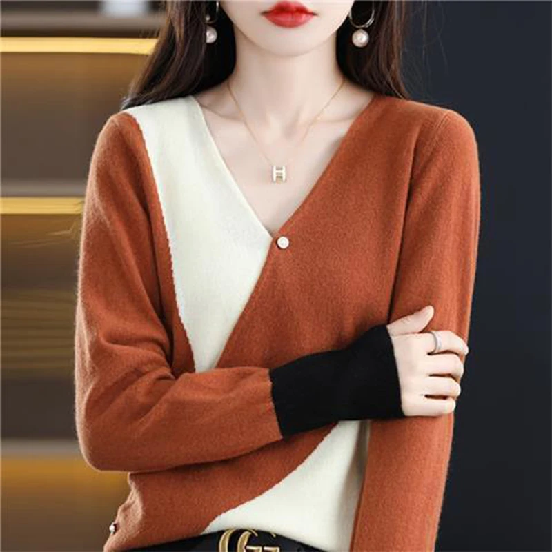 Autumn Winter Korean Style V-neck Patchwork Casual Sweater Ladies Elegant Fashion All-match Jumper Top Women Loose Wild Pullover