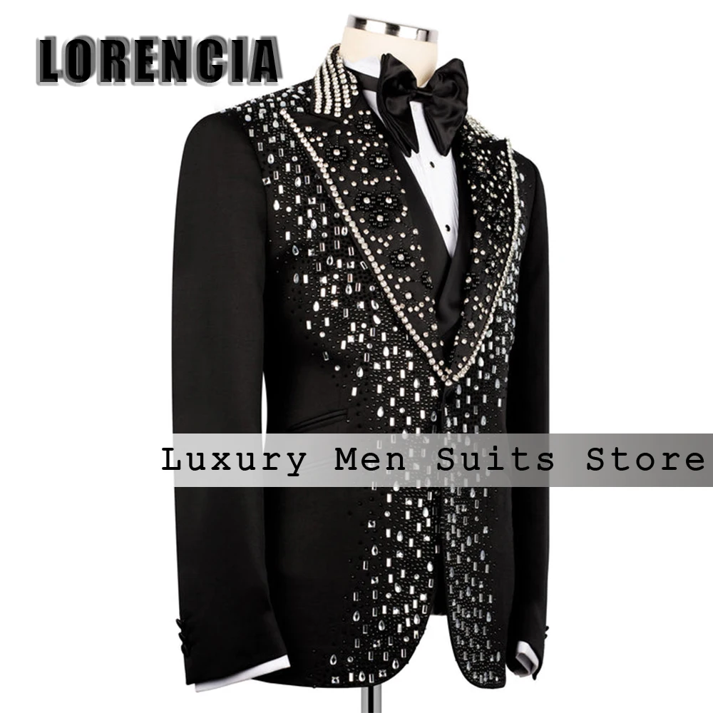 

Casual Shiny Crystal Suits for Men 3 Pieces Luxury Peak Label Wedding Party Outfits Customized Blazer Vest trajes para hombre