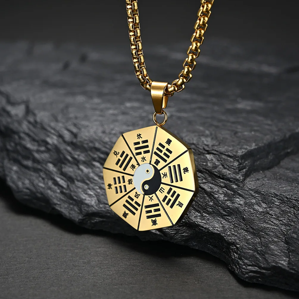 Tai Chi Ji Octagon Geometric Necklace Yin Yang Gossip Eight Trigrams Ninja Black White Stainless Steel Pendant Couple Jewelry