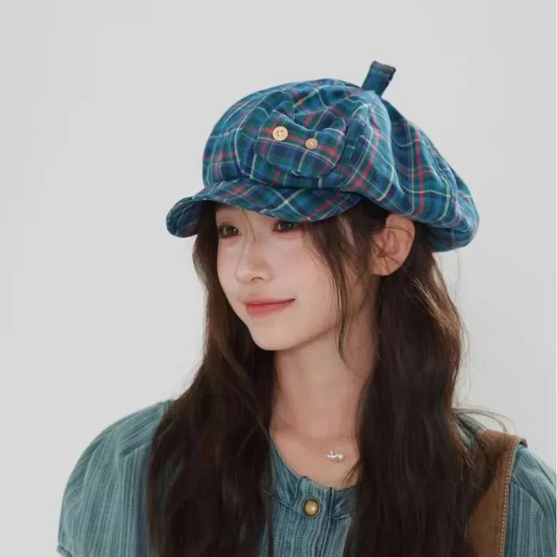 

Button Cap Head Plaid Decorative Painter Hat Spring and Summer Outdoor Short Brim Shading Casual Octagonal Newsboy Cap