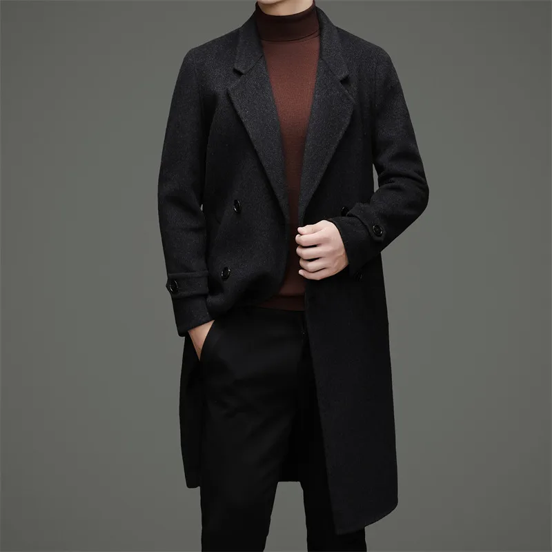 Classic British Style Men Double Breasted Cashmere Ovecoat Timeless Black Coffee Woolen Coat Gentlemen Winter Essential Attire