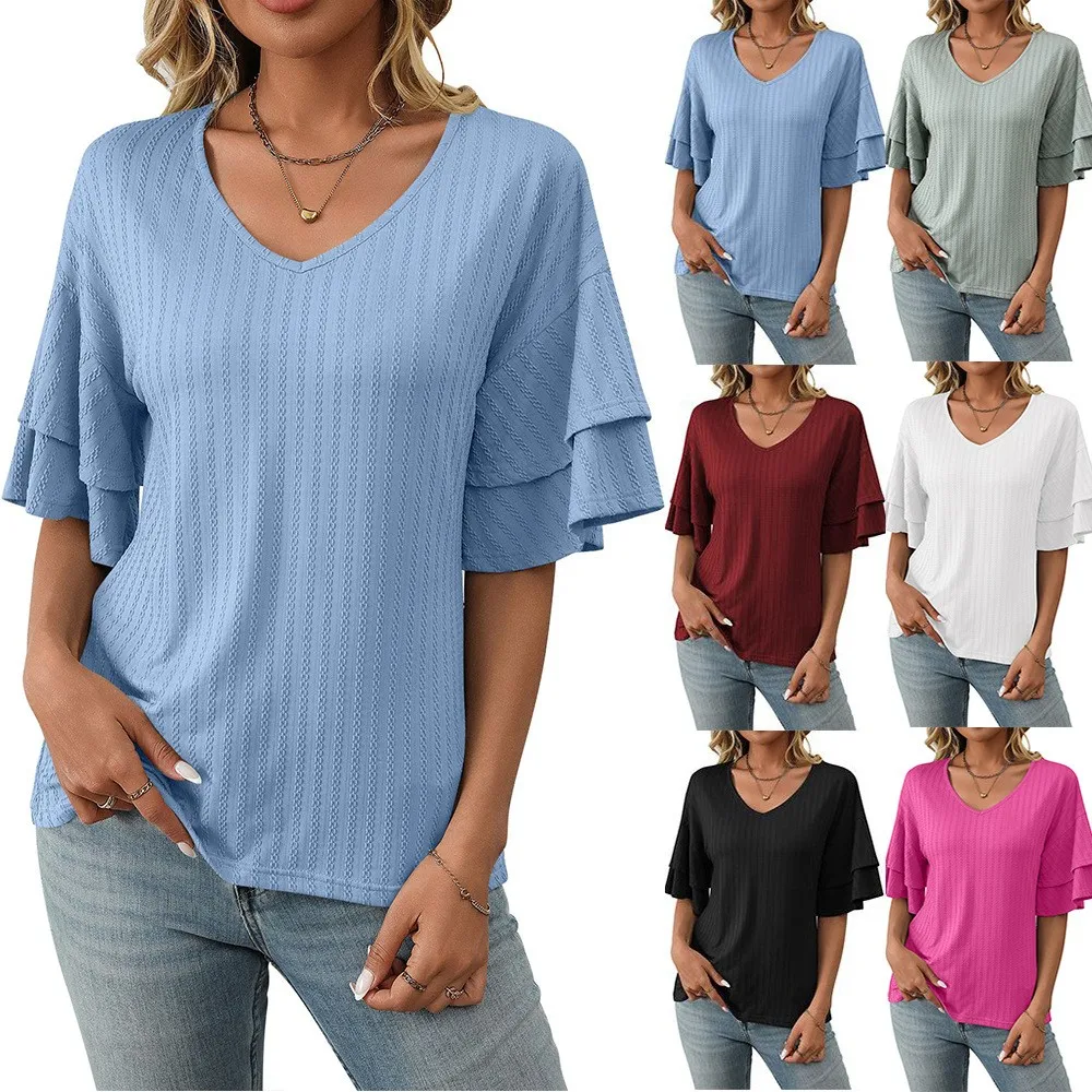 Loose Fit V Neck Top Regular Length Gentle Style with Spring Sweet and Fresh Daily Ruffle Sleeve Mid Sleeve Women T Shirts