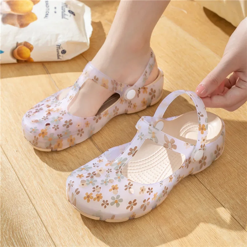 36-40 Womens Mules & Clogs Female Jelly Sandals Summer Flat Heel Print Fashion Non-slip Beach Slippers Ladies Garden Shoes