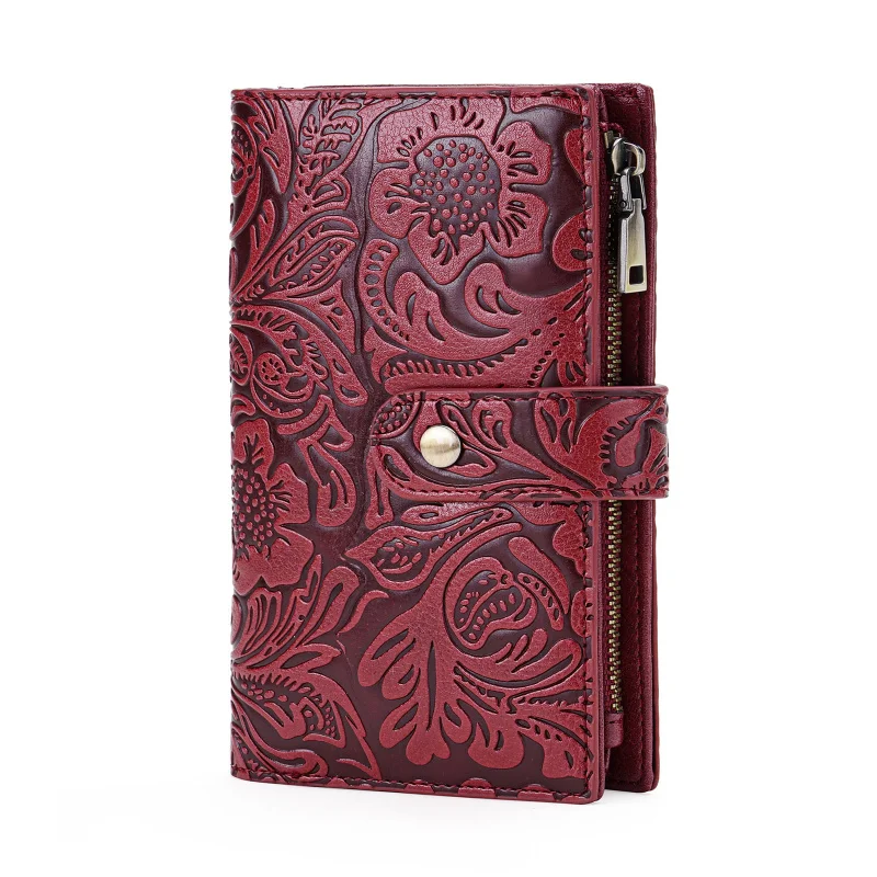 Western RFID Blocking Embossed PU Leather Zipper Design Three Floded Women Wallet Large Capacity Coin Purse for Ladies