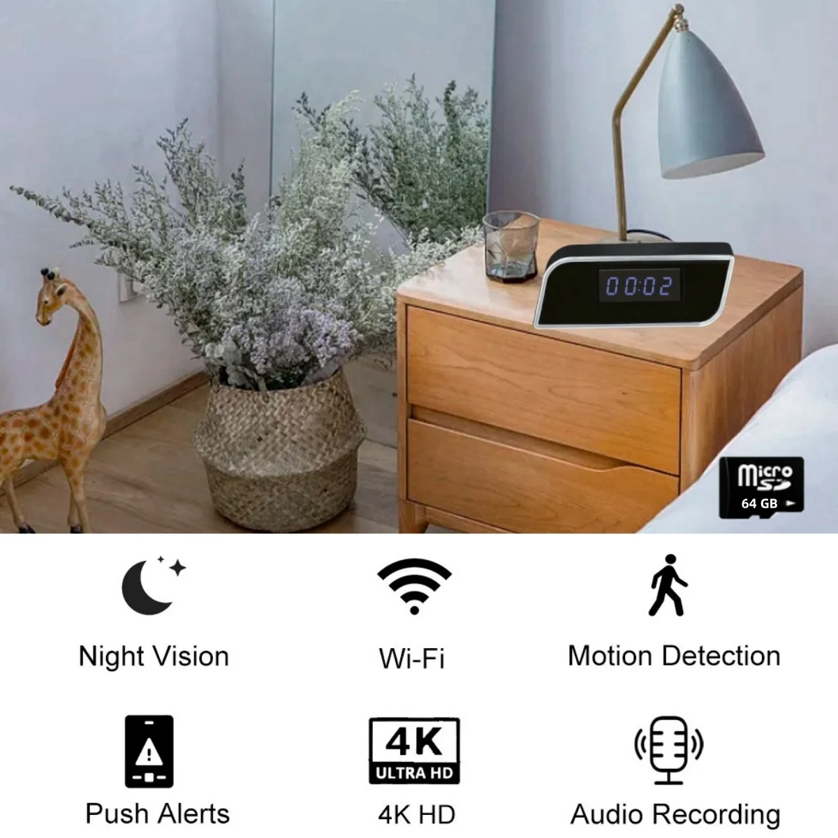 

Clock Camera 4K HD Night Vision Home Security Clear up to 6 Meters Motion Detection Real Sound Recording Support Phone APP