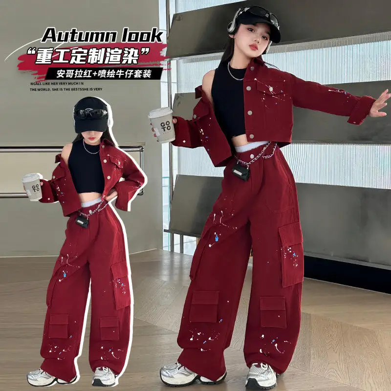 

Kawaii Girl Fashion Coat Shirt Pants Suit Student Spring and Autumn Cartoon Casual Tops Jeans 2-Piece Set Children's Clothing