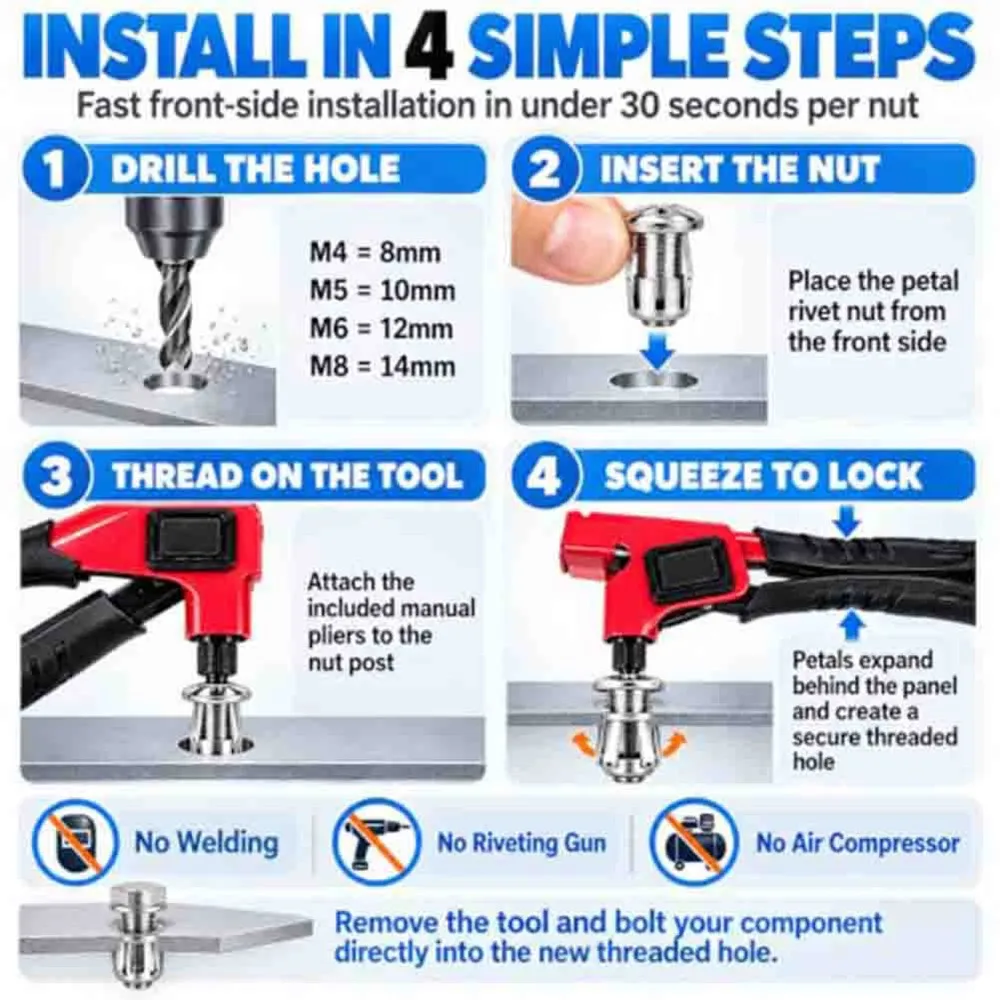 60Pcs Button Rivet Locking Nuts Set with Install Tool, /M5/M6 Zinc Plated Steel, Rust-Resistant for Industry